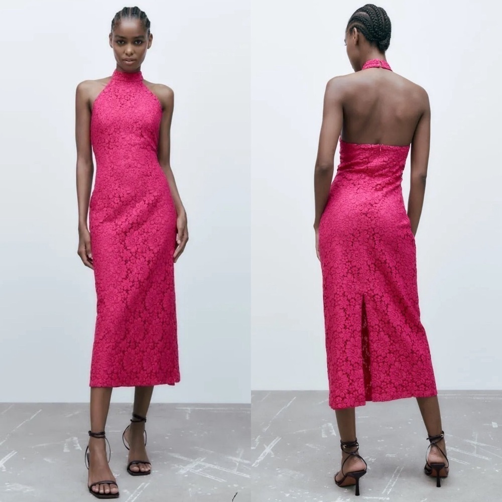 Zara Fuchsia Halter Lace Midi Dress